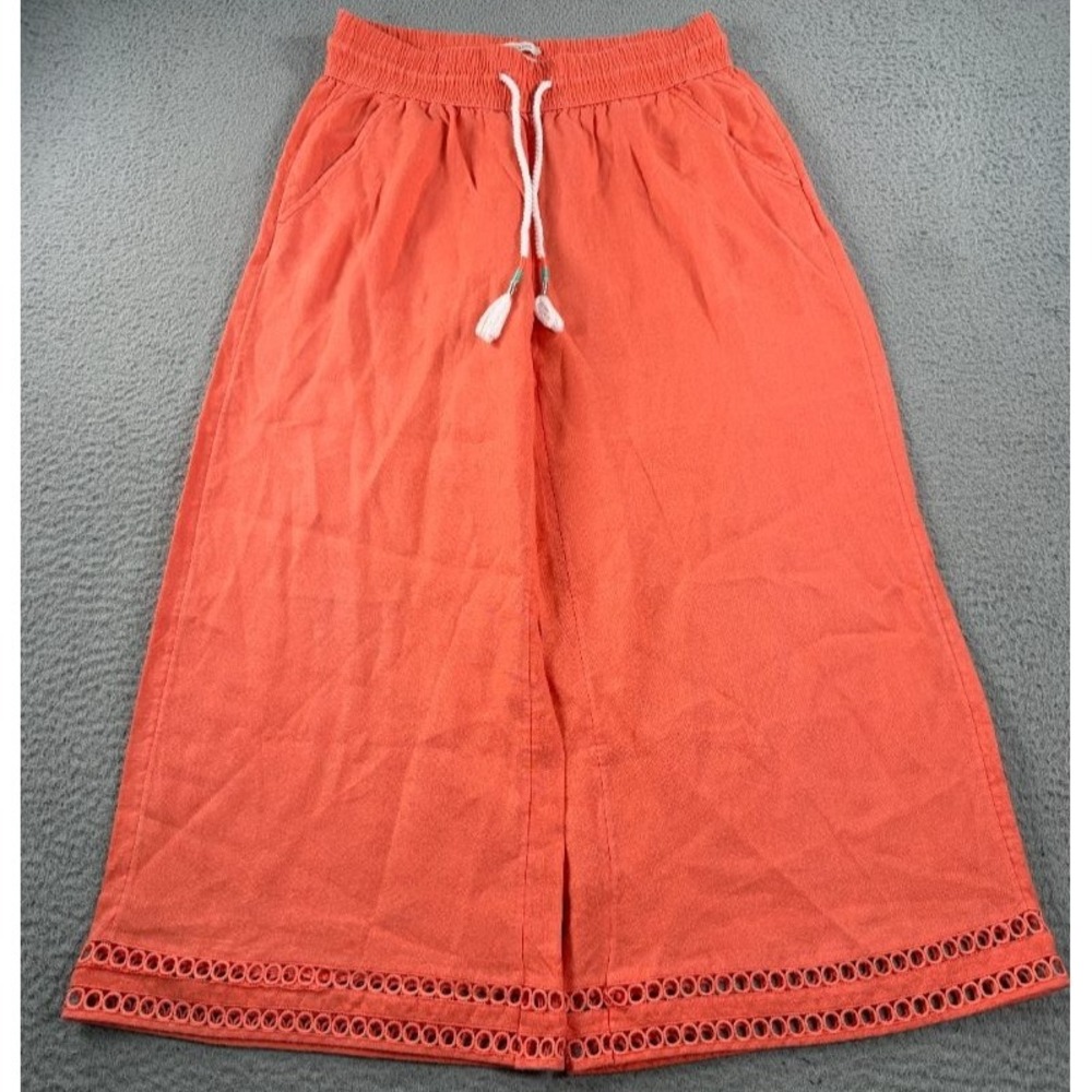 Joie Linen Pants Womens Medium (28x23) Wide Leg Crop Orange Crochet Trim Pull On